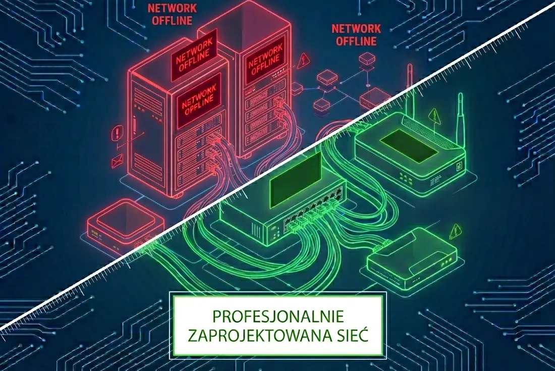 Projekt sieci komputerowej zmniejsza ryzyko awarii - infografika wykonana przez Telkonet, Kraków